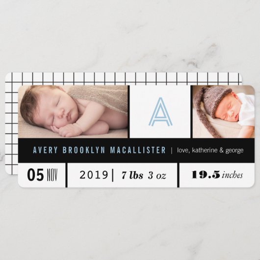 Faire-part Simple bébé garçon Statistiques Blue Monogramme 2  (Devant / Derrière)