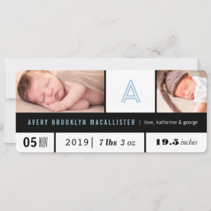 Faire-part Simple bébé garçon Statistiques Blue Monogramme 2 