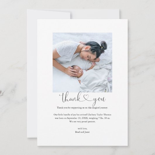 Faire-part Simple bébé Merci photo Script Coeur (Dos)