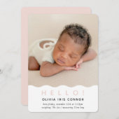 Faire-part SIMPLE BÉBÉ PHOTO moderne bonjour ondulé bord rose (Devant / Derrière)