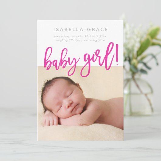 Faire-part SIMPLE BÉBÉ PHOTO moderne fille rose écriture écri (Debout devant)