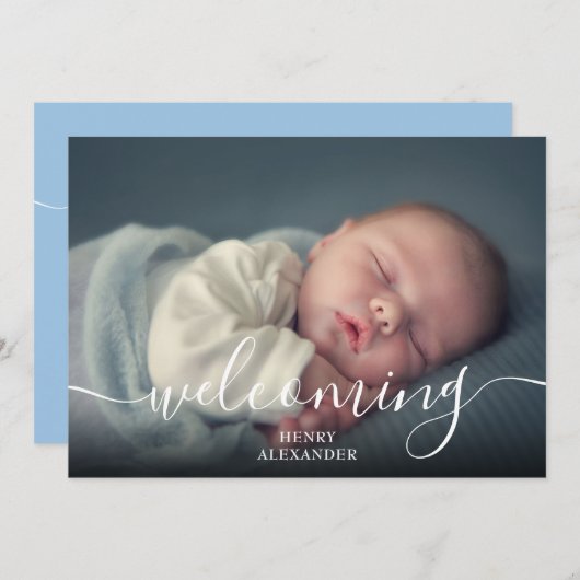 Faire-part Simple Bébé Script photo Accueillant garçon Bleu n (Devant / Derrière)