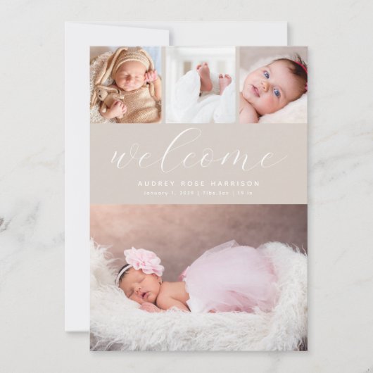 Faire-part Simple Beige Welcome Photo Collage Naissance (Devant)