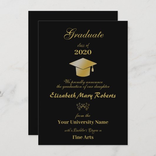 Faire-part Simple Black and Gold College (Devant / Derrière)