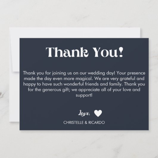 Faire-part Simple bleu marine script mariage merci (Devant)