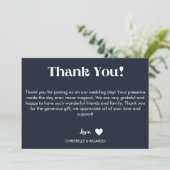 Faire-part Simple bleu marine script mariage merci (Debout devant)