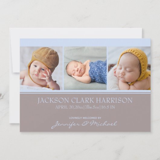 Faire-part Simple Blue Baby Boy Photo Collage Naissance (Dos)