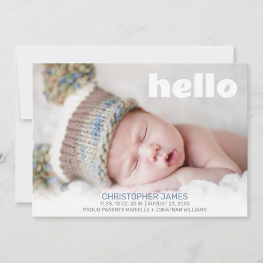 Faire-part Simple Bonjour Bleu Script Blanc Retour Bébé garço (Devant)