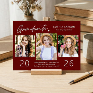 Faire-part Simple Burgundy Red 3 Photo Collage Graduation