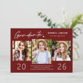 Faire-part Simple Burgundy Red 3 Photo Collage Graduation (Debout devant)