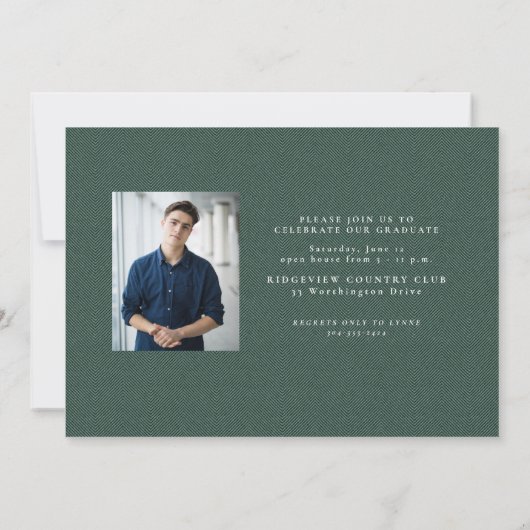 Faire-part Simple cadre vert tweed classique graduation photo (Dos)