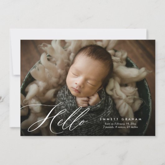 Faire-part Simple Calligraphie Script Hello Photo Bébé Naissa (Devant)