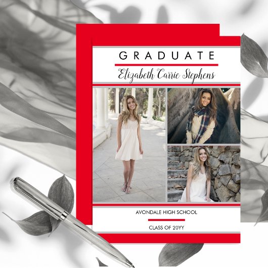Faire-part Simple Classy Trois Photo Red Graduation
