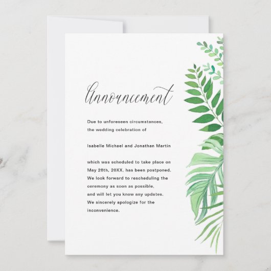 Faire-part simple de report Mariage Feuille (Devant)