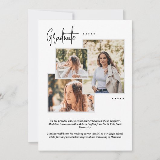 Faire-part Simple Design Gris Photo Collage Graduation (Dos)
