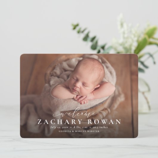 Faire-part Simple écriture d'accueil photo bleue (Debout devant)