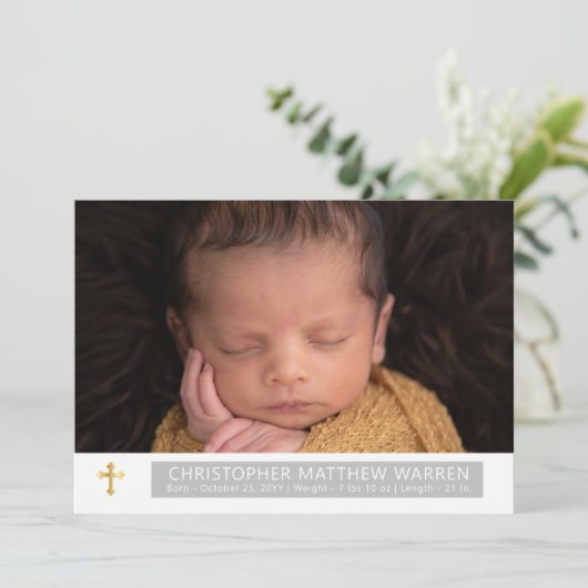 Faire-part Simple Élégant Croix Grise et Blanche pour Collage (Debout devant)