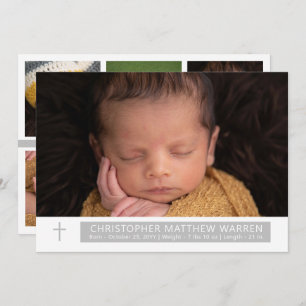 Faire-part Simple Elegant White Grey Cross Photo Collage bébé