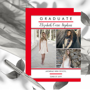 Faire-part Simple et chic trois photo rouge diplômé