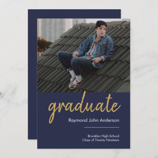 Faire-part Simple Gold Script High School Photo Graduation (Devant / Derrière)