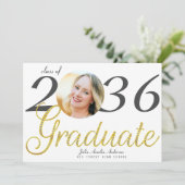 Faire-part Simple Gold Script Mode One Photo Graduation (Debout devant)