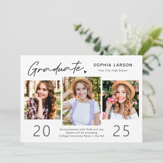 Faire-part Simple Graduate Script 3 Photo Collage Graduation (Debout devant)