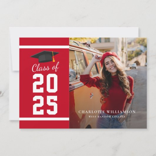 Faire-part Simple Graduation 2025 Red White Grad Photo (Devant)