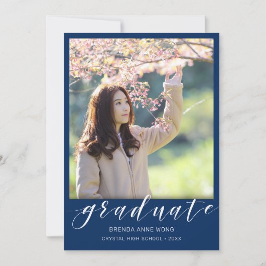 Faire-part Simple Graduation Photo White Script sur Royal Blu (Devant)