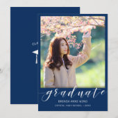 Faire-part Simple Graduation Photo White Script sur Royal Blu (Devant / Derrière)