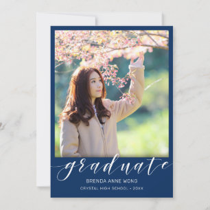 Faire-part Simple Graduation Photo White Script sur Royal Blu