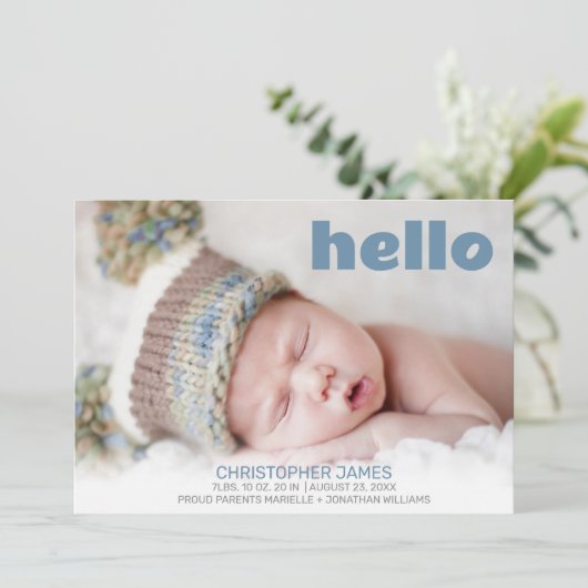 Faire-part Simple Hello Blue Script Blue Back Baby Boy Photo (Debout devant)