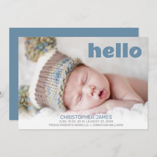 Faire-part Simple Hello Blue Script Blue Back Baby Boy Photo (Devant / Derrière)