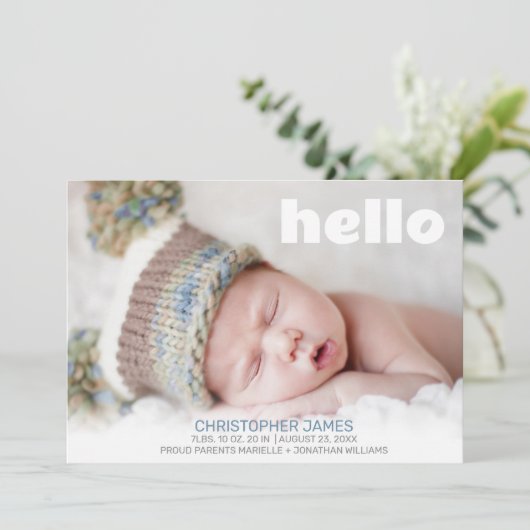 Faire-part Simple Hello Blue Script Blue Back Baby Boy Photo (Debout devant)