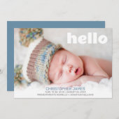 Faire-part Simple Hello Blue Script Blue Back Baby Boy Photo (Devant / Derrière)