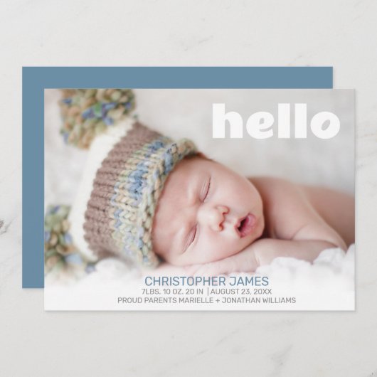 Faire-part Simple Hello Blue Script Blue Back Baby Boy Photo (Devant / Derrière)
