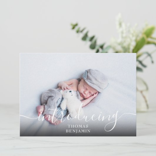 Faire-part Simple introduction Script Boy Blue Photo Naissanc (Debout devant)