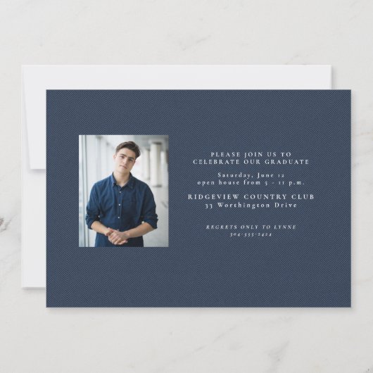 Faire-part Simple marine tweed cadre classique graduation pho (Dos)