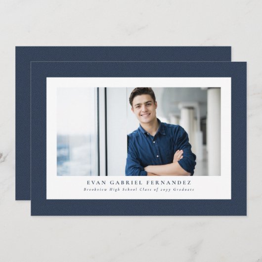 Faire-part Simple marine tweed cadre classique graduation pho (Devant / Derrière)