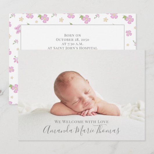 Faire-part Simple mignonne Whimsical Floral Photo Fille Rose (Devant / Derrière)