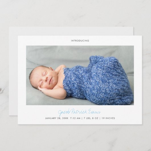 Faire-part Simple Moderne Bleu Script Photo Nouveau bébé Garç (Devant / Derrière)