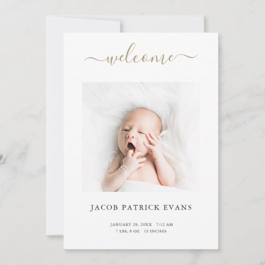 Faire-part Simple moderne Custom Gold Script garçon ou fille  (Devant)
