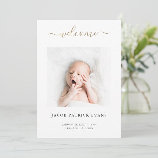 Faire-part Simple moderne Custom Gold Script garçon ou fille  (Debout devant)