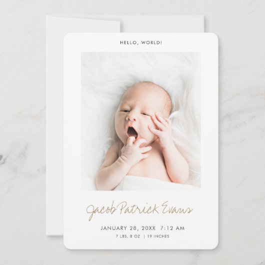 Faire-part Simple moderne Custom Gold Script garçon ou fille  (Devant)