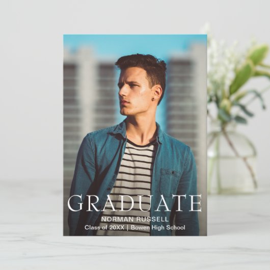 Faire-part Simple moderne Marine Blue Boy Photo Graduation (Debout devant)