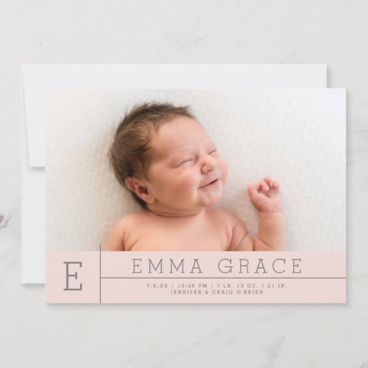 Faire-part Simple moderne Monogramme Blush rose fille photo n (Devant)