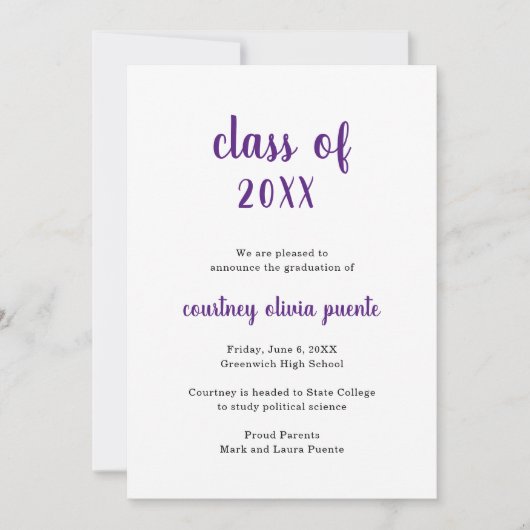 Faire-part Simple Moderne Non Photo Purple Graduation (Devant)