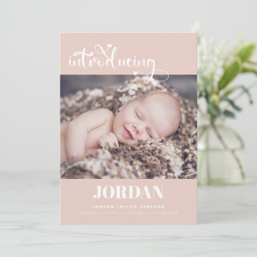 Faire-part Simple moderne Script Photo Collage rose Naissance (Debout devant)