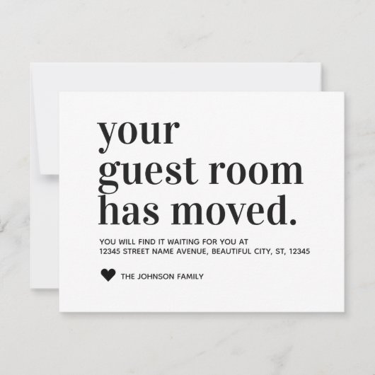 Faire-part Simple Moderne Typographie Noire Chambre d'hôte Dé (Devant)