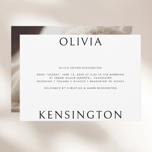 Faire-part Simple Noir Blanc Photo Minimal Naissance du bébé