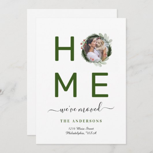 Faire-part Simple Nous avons déménagé Noël Photo Wreath HOME (Devant / Derrière)